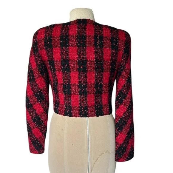 Vintage Carlisle Wool Red/Black Buffalo Check Boucle Blazer‎ Cropped Lined 6